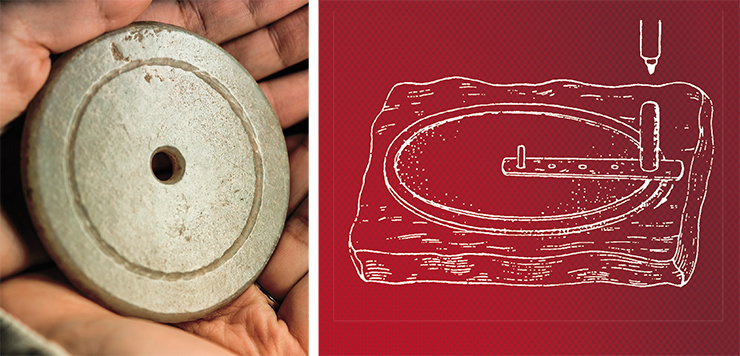 Left: a jade disc from Shumilikha, the Baikal region, crafted by the “northern” technology. This item is likely a semi-finished product for manufacturing a ring and a disc. Right: “northern” technology for carving a jade disc (according to S. A. Semenov)
