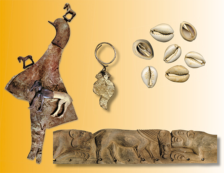 Войлочный шлем, серьга (из деревянной пластинки, обклеенной золотой фольгой), раковины каури (справа вверху), деревянная основа колчана (внизу). Курган 1, могильник Ак-Алаха-1