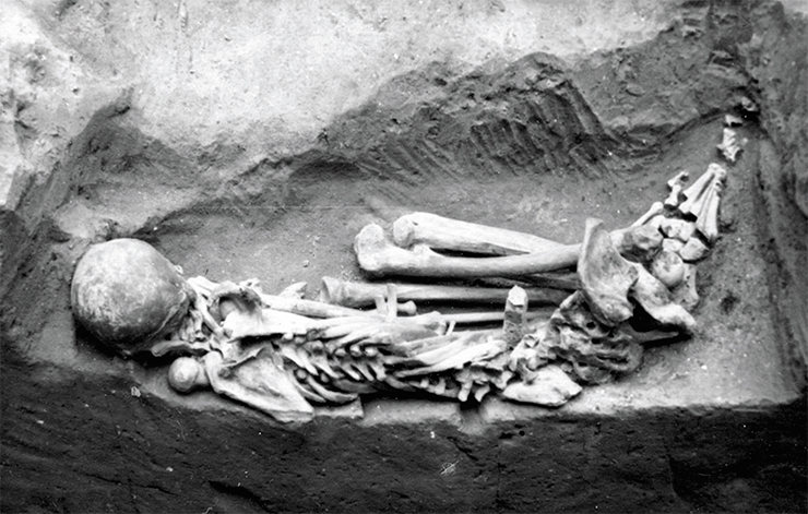 Скелет мужчины, обнаруженный в погребении на стоянке Костенки 14, лежал в неглубокой овальной могиле. Никаких предметов в погребении не оказалось, но в соответствующем культурном слое были найдены каменные орудия (пластины, скребки, резцы и др.) начала верхнего палеолита. Вскрытие могилы, расчистка и консервация скелета были произведены советским антропологом М. М. Герасимовым