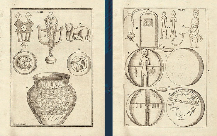 Daniel Gottlieb Messerschmidt made a difficult exploration journey across Siberia, despite his “limited personal strength, given a weak physical constitution,” as the researcher himself wrote. The engravings depict the finds made and sketched during his journey with Philipp Johann von Strahlenberg. Left: Copper figurines and horse harness decorations, including a phalar with an image of Hercules’ head, and a vessel with a hunting scene. Right: Images of tambourines and copper idols “found with the Baraba Tatars.” Engravings by F. H. Frisch to the book Das Nord- und Östliche Theil von Europa und Asia (North and Eastern Parts of Europe and Asia) by Ph. J. Strahlenberg. Stockholm, 1730. Adapted from: (Kopaneva, 2014)