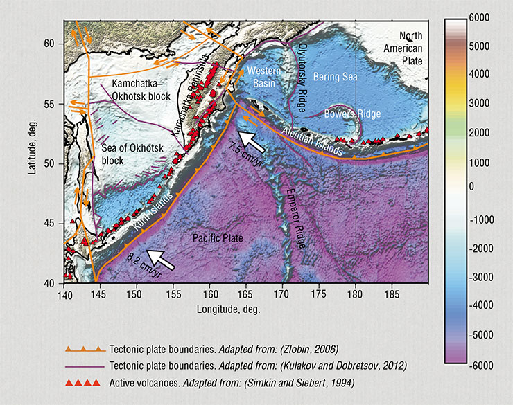 This map shows the major tectonic elements of the Kuril–Kamchatka and Aleutian regions, primarily the deep-sea trenches, i. e., areas where the Pacific Plate, moving at a rate of 7.5–8.2 cm per year, begins to subduct beneath Kamchatka and the Kuril and Aleutian Islands
