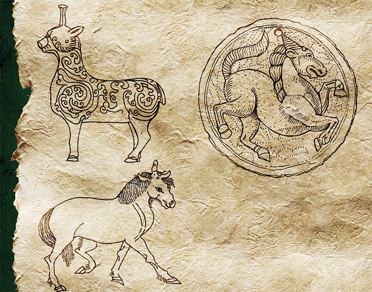 Top left: Chinese unicorn. 1st—2nd c. AD. Vermail. The British Museum, London. Top right: depiction of a unicorn on a silver plate from the treasure trove on the island of Sark, UK. The plate was found in 1718 and then lost. In 1966 its drawings were discovered. Bottom: huanshu unicorn from Shan-hai Ching, an ancient Chinese book about imaginary animals, written supposedly during the reign of Qin Shi Huang in 246—209 BC. From: (Terentiev-Katanskiy, 2004)