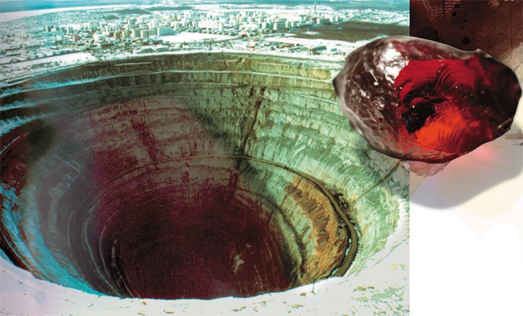 One of the main indicator minerals in kimberlites is pyrope, a transparent mineral of the garnet group. Most pyropes are red. Left: the quarry in the famous Mir kimberlite pipe in Yakutia
