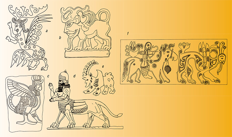 The depictions of semi-humans and semi-animals are common in ancient art: a – sphinx from the Fifth Pazyryk Tumulus. State Hermitage, St. Petersburg; b – creature on the silver plate from the Issyk burial site, Zhetysu, Kazakhstan; c – depiction from the Assyrian relief on the slab, Pergamon Museum (Berlin, Germany); d – Lamassu deity from the Assyrian relief, The British Museum, London, U.K.; e – appliqué on the horse saddle cover from the Tenth Tumulus, Berel burial site; f – depictions embroidered on a fragment of the woolen cloth of the skirt from Shanpula III burial site, Xinjiang, Abegg Fund (Riggisberg, Switzerland). Drawings by Ye. Shumakova