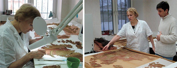 Наталья Синицына – крупнейший специалист в области реставрации текстиля – дает вторую жизнь уникальной находке из 20-го Ноин-улинского кургана. Сейчас уже трудно представить, что этот великолепный текстиль еще совсем недавно был просто комком мокрой глины