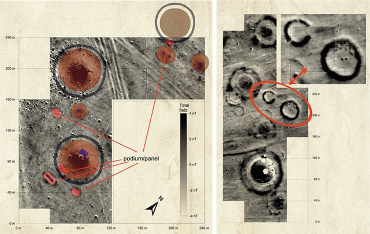 Left: prospecting of the Vinogradny-1 and Vinogradny-2 burial grounds with a cesium magnetometer (Stavropol krai, Northern Caucasus). On right: Magnetogram of the Vinogradny-1 burial grounds, 2012. Zooming in on the horseshoe-shaped and round ritual constructions. The magnetic intensity and characteristics of the magnetogram reveals that the constructions and the ditches were exposed to high temperatures of man-made fires or contain ashes