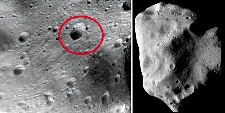 Астероид 21 Лютеция (120 × 100 × 75 км) покрыт многочисленными метеоритными кратерами с пятнами темного вещества, спектральные характеристики которого соответствуют углистым хондритам.Фото с КА «Розетта», 2010 г. Кредит: ESA