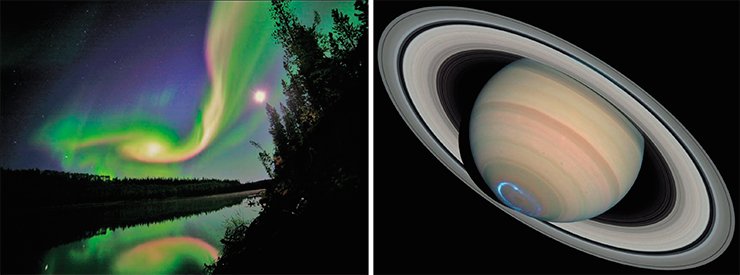 Полярное сияние с поверхности Земли (слева). Кольцо полярного сияния на Сатурне. Фото сделано космической обсерваторией «Хаббл» (NASA)