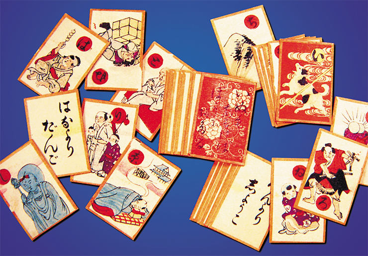One half of the deck of iroha cards, the intellectual card game most popular among the Japanese, has pictures with the alphabet characters, and the other contains the texts of proverbs and aphorisms. Players should find as many as possible correspondences between these two halves, which requires good knowledge of the literary language. The photo displays iroha cards (Meijin period, the middle of the 19th century)