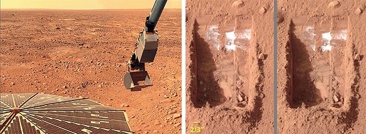 Панель солнечной батареи и ковш экскаватора зонда Phœnix (NASA). В марсианском грунте под растаявшей летом полярной шапкой обнаружено белое вещество. Через несколько земных дней очень небольшая часть растаяла 