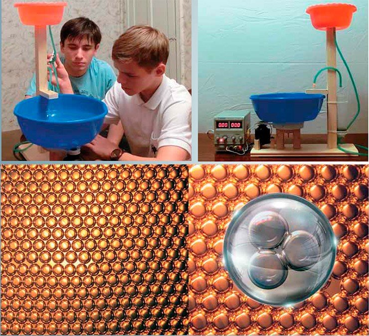 Александр Северинов и Вячеслав Матюнин с установкой для получения однородных мелких пузырьков на поверхности воды