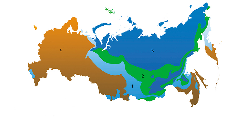 Zones of perennially frozen soils (1–3): 1 – insular (< 50% of the area with permafrost soils); 2 – non-continuous (50–90%); 3 – continuous (>90%); 4 – seasonal freezing. Almost one fourth of the territory of Russia is located in the permafrost zone. Global warming causes the destruction of permafrost soils and land subsidence as a result of thermokarst processes