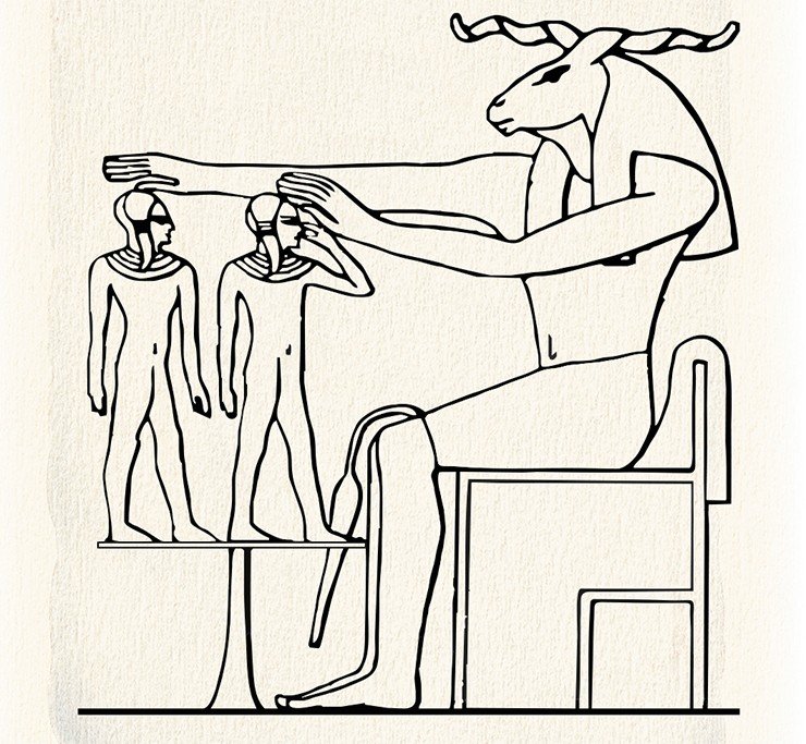 Древнеегипетский бог Хнум – творец богов, людей и всего сущего – изображался в виде барана или существа с головой барана и телом человека. Прорисовка по: (Беляев,1998)  
