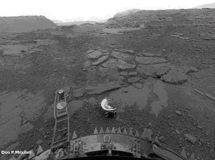 Часть панорамы, переданной «Венерой-13» 1 марта 1982 г. Спустя десятки лет удалось исправить искаженную перспективу и смягчить контраст изображения. Это работа Дона Митчелла (Don P. Mitchell), entallandscape.com/V_Venus.htm