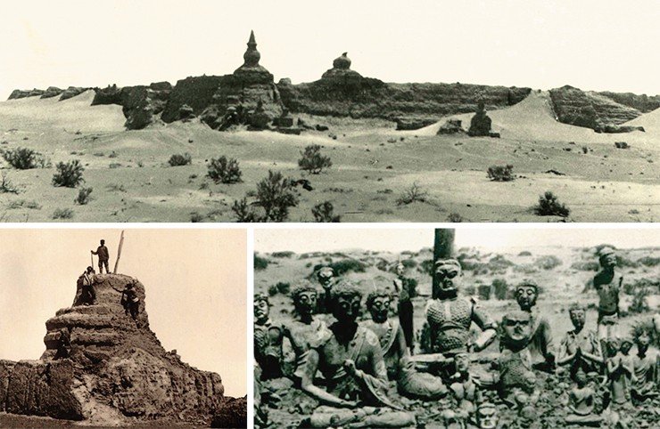 Субурган Знаменитый в начале раскопок. На фото внизу — найденные в нем глиняные и деревянные статуи
