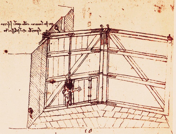 Изобретенная Леонардо перегородка шлюза из расположенных под углом двойных ворот, где само давление воды используется для лучшего смыкания стенок