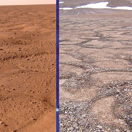При неоднократном оттаивании и последующем замерзании полярного грунта на Марсе (слева) и на Земле (справа) образуются похожие структуры