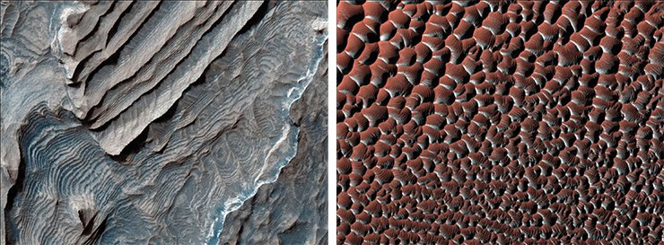 Марсианский ледник в процессе таяния (слева). Удивительный марсианский рельеф. Размер  изображения по диагонали – около 1 км (NASA)