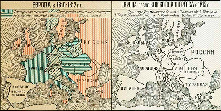 Карта Европы в 1810—1812 г. (слева) и после Венского конгресса 1815 г. (справа). По: (Л. Г. Бескровный, 1946)
