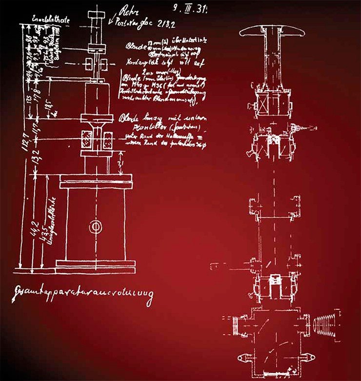 Авторский эскиз Э. Руски электронно-лучевой трубки, предназначенной для изучения однокаскадного и двухкаскадного формирования электронно-оптического изображения с помощью двух магнитных электронных линз. 9 марта 1931 г. (слева). Авторский эскиз первого двухкаскадного электронного микроскопа (поперечное сечение колонны микроскопа было перерисовано в 1976 г.) 