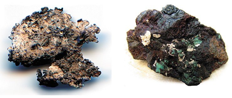 Самородки серебра из зоны окисленных руд (слева). Образец карбонатно-фрейбергитовой окисленной руды. На малахите и карбонате – пластинки самородного серебра (справа)