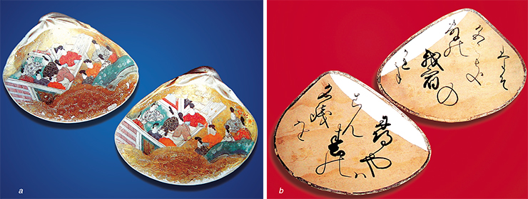 In the 12th century a hamaguri seashell game was very popular among the Japanese; it consisted in matching the clam shells with either the identical pictures with insignificant differences (a), or parts of the same poem (b) inscribed on the internal parts of the shells. They became the prototype of the “poetic cards” uta-karuta. a – seashells for kaiawase game; b – genji-karuta in the form of seashells