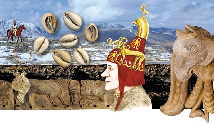 Items found in Ak-Alakha-1 Tumulus 1: an earring from the female burial (a wooden plate pasted with gold foil); cowrie shells; a detail of the gorytos; and a felt hat. Reconstruction of the felt hat by E.V. Shumakova; drawing by Cand. Sci. (History) D.V. Pozdnyakov (IAE)