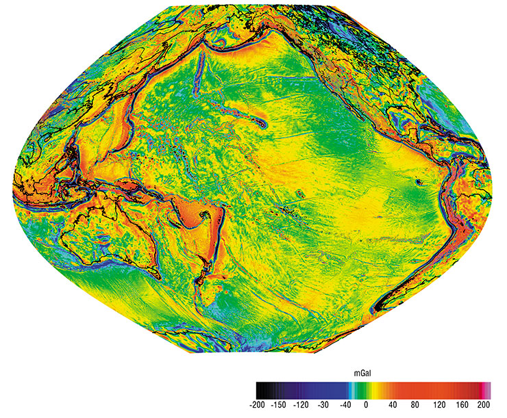 Gravity map of the Earth’s Pacific segment, based on data from the international satellite telemetry database. Map prepared by A. N. Vasilevsky (IPGG SB RAS, Novosibirsk)