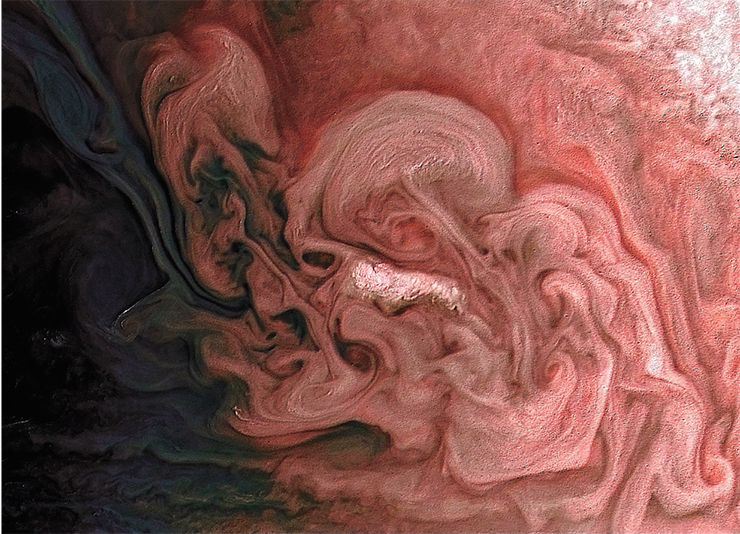 Буря в северном полушарии Юпитера. Фото «Юноны». Credits: NASA/JPL-Caltech/SwRI/MSSS/Matt Brealey/Gustavo B. C.