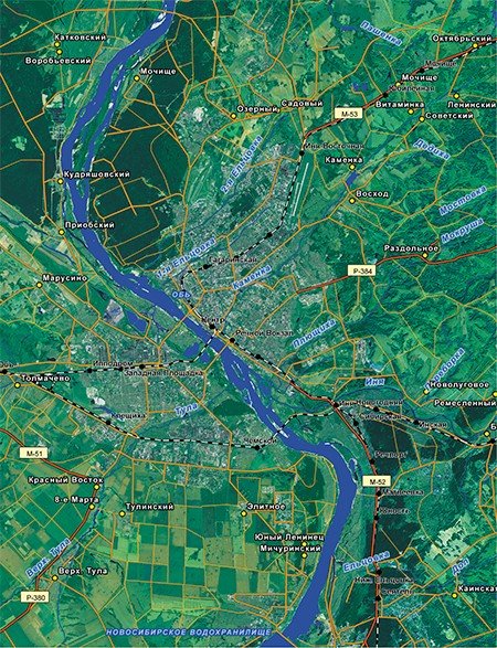 Карта г. Новосибирска. Спутниковые фотографии широко используют при создании карт городов для мобильных сервисов, таких как ДубльГИС, Мобильный Новосибирск и т. д. 