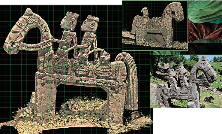The results of the Gool stone riders visualization using laser scanning (a point cloud) and aerial photography. The laser scanning was performed using the Leica ScanStation P20 scanner. To create a geodesic compilation survey, the GNSS-receiver Leica GS14 was used operating in the RTK mode with radio channel correction transfer. Aerial photography was done using the DJI Phantom 3 unmanned drone