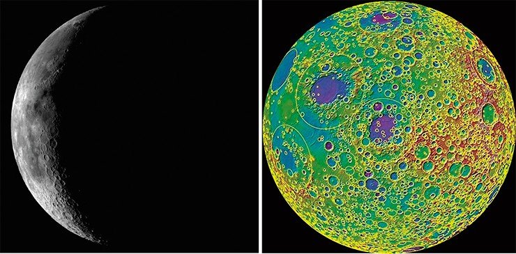 Первые метеоритные кратеры на спутнике нашей планеты были открыты еще в начале XVII в. Галилеем. На сегодня составлена подробная карта Луны, на которой отмечены все ее 5,2 тыс. кратеров, образовавшихся 4 млрд лет назад (справа). Фото с http://news.brown.edu/pressreleases/2010/09/moon. Кредит: NASA/LRO/LOLA/GSFC/MIT/Brown University. Слева – покрытое метеоритными кратерами западное полушарие Луны. Фото с http://photojournal.jpl.nasa.gov/catalog/pia00224. Кредит: NASA/JPL