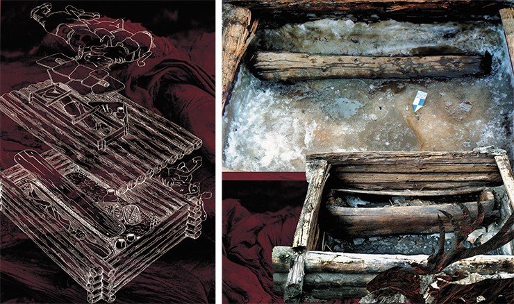 Kurgan 1 of Ak-Alakha 3 burial ground: a general view and layout of funeral construction inside the burial pit. Drawing by Ye. Shumakova. The burial chamber of the mound was filled with ice (above). After the ice melted, a larch block with a woman’s mummy was discovered at the southern wall (right). In the foreground, beyond the northern wall of the chamber, there were burials of horses. The walls of the block on which the dead woman was lying were decorated with leather appliqués (below). Photo by V. Mylnikov