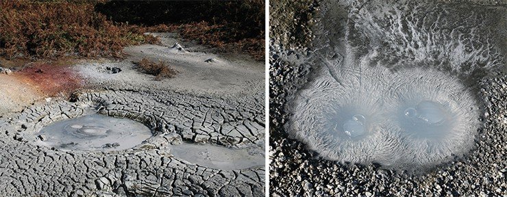 Глинистые участки с грязевыми котлами – как огромная модель лунного ландшафта с кратерами вулканов. Вокруг воронок с выходом сероводорода развиваются венчики колоний тионовых бактерий, похожие на космы седовласой фурии 