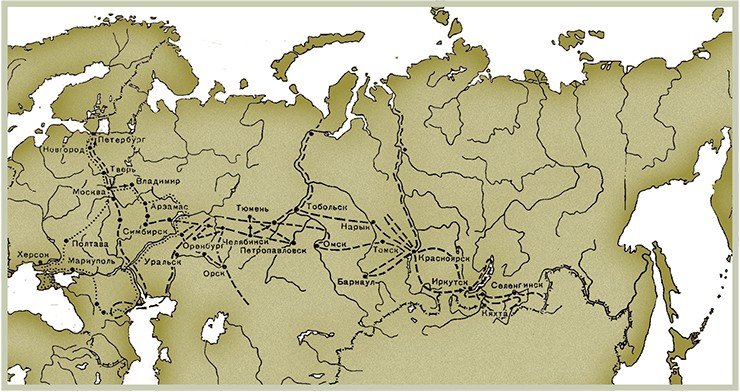 Карта путешествия академика П. С. Палласа (по кн.: Соколов, Парнес, 1993)