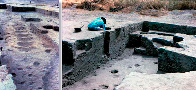 On the Real Alto archaeological site, not only the remains of huts (left), but also the remains of ritual facilities with mounds and steps (right) were excavated. Photo by the courtesy of J. Marcos