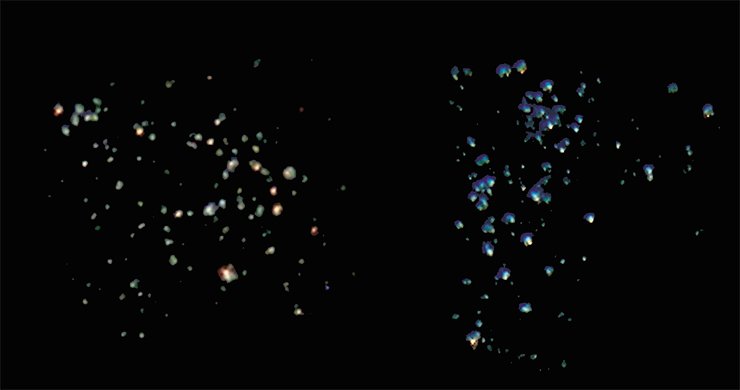 This is how the surface of a cathode made of an array of oriented carbon nanotubes decorated with quantum dots – CdS nanoparticles-glows: without doping (left) and doped with CuS (right). The difference in luminescence intensity can be caused by different heights of the nanotubes