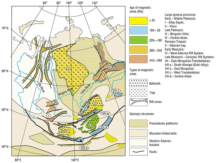 Products of oceanic intraplate magmatism were preserved in the Siberian paleocontinent, thus indicating the activity of the superplume antipodal to the Rodinian. So, the folded belts surrounding Siberia contain abundant intraplate rocks of oceanic genesis formed after Rodinia’s breakup. In addition, a number of large igneous provinces (LIP) originated on the Siberian platform in the Phanerozoic as a result of the continent – hot spot interaction. From: (Yarmolyuk et al., 2000, 2003, 2006), modified