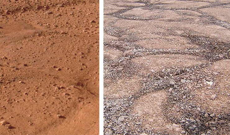 При оттаивании полярного грунта на Марсе (слева) и на Земле (справа) образуются похожие структуры 
