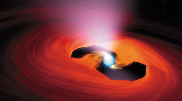 Нейтронная звезда – это сжатое ядро, оставшееся от массивной звезды, которая взорвалась как сверхновая. Плотность «упаковки» вещества в них очень высока: звезда диаметром всего около 20 км по массе в 1,5 раза больше Солнца. Существование таких звезд предсказал Ф. Цвикки с помощью придуманного им морфологического метода направленной интуиции.Вверху – световая анимация нейтронной звезды-пульсара PIA18845, испускающей вращающиеся пучки рентгеновских лучей. © NASA/JPL-Caltech