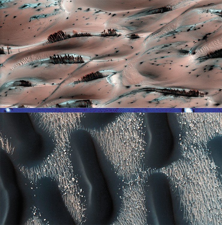 Темные оползни на Марсе, сверху напоминающие живые растения (вверху). Дюны из черного базальтового песка в марсианском кратере Проктор. Credit: NASA