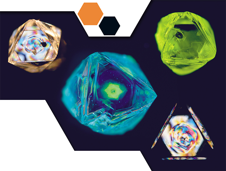 Октаэдрические кристаллы алмаза, снятые в различных режимах освещения