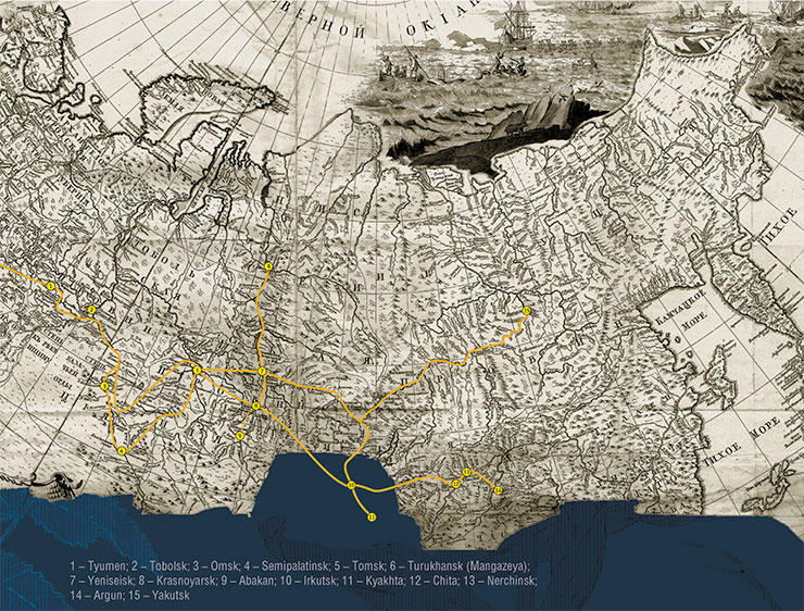 Fragment of the General Map of the Russian Empire, 1745, with J. G. Gmelin’s route across Siberia in 1733–1743: via Yaroslavl, Kazan, Tobolsk, Semipalatinsk, Ust-Kamenogorsk, Tomsk, Yeniseisk, and Irkutsk to Yakutsk, from where he returned to St. Petersburg via Irkutsk, Tomsk, Verkhoturye, Veliky Ustyug, Vologda, and Shlisselburg