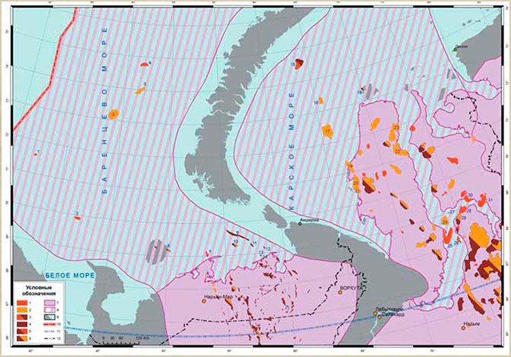 Месторождения нефти и газа на шельфе Баренцева и Карского морей. Условные обозначения. Месторождения. 1 – газовые (г), 2 – газоконденсатные (гк), 3 – газонефтяные (гн), 4 – нефтяные (н), 5 – нефтегазовые (нг), 6 – нефтегазоконденсатные (нгк). Перспективные 7 – территории, 8  – акватории, 9 – бесперспективные территории и акватории. Границы 10 – государственные, 11 – Северный полярный круг, 12 – субъектов РФ. Список месторождений: 1	- Северо-Кильдинское (г), 2 - Мурманское	(г), 3	- Штокмановское	(гк), 4 - Лудловское (г), 5 - Ледовое (гк), 6	- Песчаноозерское (нгк), 7 - Поморское (г), 8 - Коровинское(гк), 9 - Долгинское (н), 10 - Северо-Гуляевское (нгк), 11 - Приразломное (н), 12 - Медынское море (н), 13 - Варандей-море-1 (н), 14 - Варандейское (н), 15 - Победы (Университетское) (гн), 16 - Русановское (гк), 17 - Ленинградское (гк), 18 - Белоостровское (нгк), 19 - Харасавейское (гк), 20 - Крузенштернское	 (гк), 21 - Южно-Крузенштернское (г), 22 - Южно-Тамбейское (гк), 23 - Тасийское (гк), 24 - Северо-Каменномысское (гк), 25 - Каменномысское (г), 26 - Обское (г), 27 - Чугорьяхинское (г), 28 - Семаковское (г), 29 - Северо-Парусовое (нгк), 30 - Тота-Яхинское (г), 31 - Антипаютинское (г)