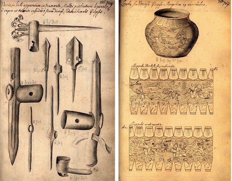 В собрании древностей Мессершмидта можно найти образцы всех предметов, представленных ныне в сибирской археологии: ножи, орудия труда, украшения, бляхи, изображения животных, сосуды, металлические зеркала и многое другое