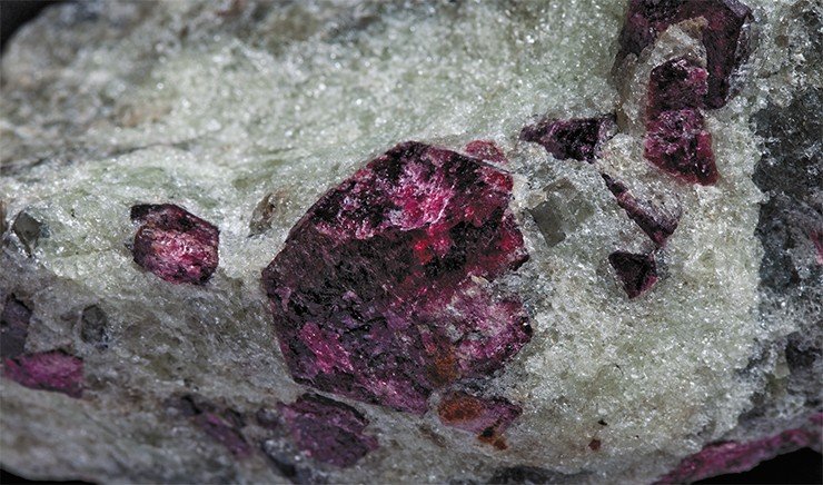 Эвдиалит – редкий и потрясающе красивый минерал – окрашен в различные оттенки красного, малинового, вишневого и фиолетового цвета. Встречается обычно в виде зернистых масс; кристаллы эвдиалита используют для изготовления вставок в ювелирные изделия. На фото – кристаллы эвдиалита в апатитовой руде. Хибинский горный массив, Кольский п-ов