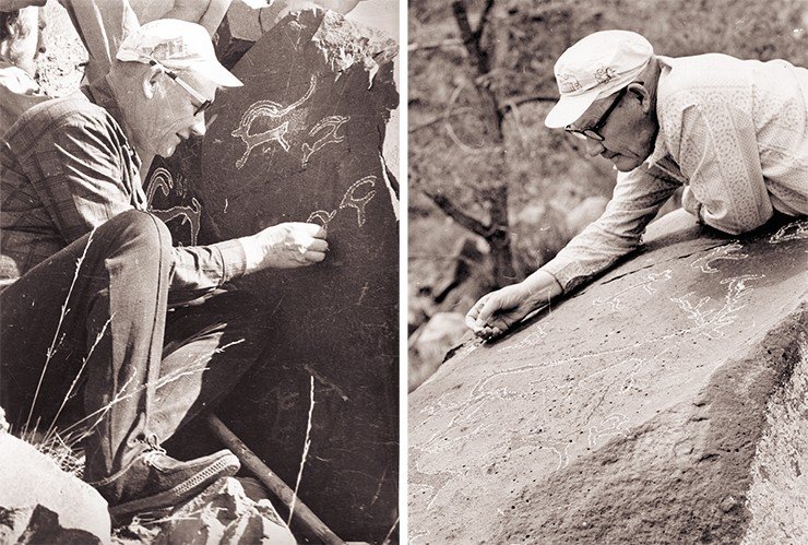 1978 г. Монголия. Чулутын-Гол. Какое счастье находить что-то новое на старых скалах (слева). Калькирование петроглифов (справа)