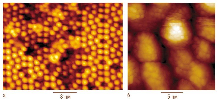 Эта похожая на кукурузу мозаика на самом деле представляет собой виды поверхностей полупроводника с изображением отдельных атомов, полученные на сканирующем туннельном микроскопе: а – чистая поверхность кремния с кристаллографической ориентацией (111); б – массив полусферических островков кремния на оксидированной поверхности. Фото А. Шкляева