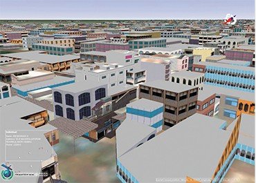 Пример возможностей оболочки ITRIS для визуализации элементов городской застройки. Показаны реалистичные трехмерные модели зданий в городе Нагаппаттинам на восточном побережье Индии, сильно пострадавшем во время Индонезийского цунами 26 декабря 2004 г.