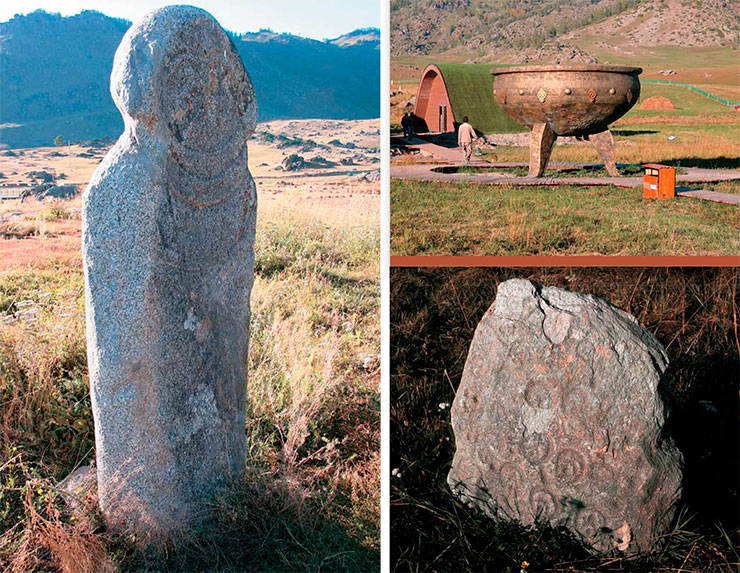 The creators of the Chemurchek statues chose larger slabs (sometimes much larger than human height) than the replicas on display in the open-air museum. But apart from authentic artifacts such as a stone with the so-called “hoof marks” of the Scythian time, this museum exhibition includes modern “remakes” of traditional ritual and material culture elements of the local indigenous population, e.g., a giant cauldron and an ornamented teapot under a tripod